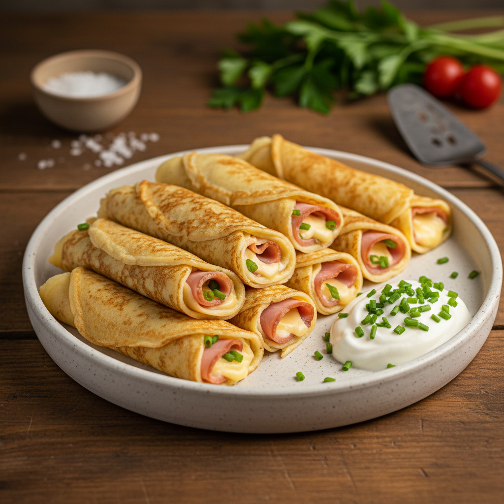 Täidetud pannkoogid singi ja juustuga: lihtne retsept