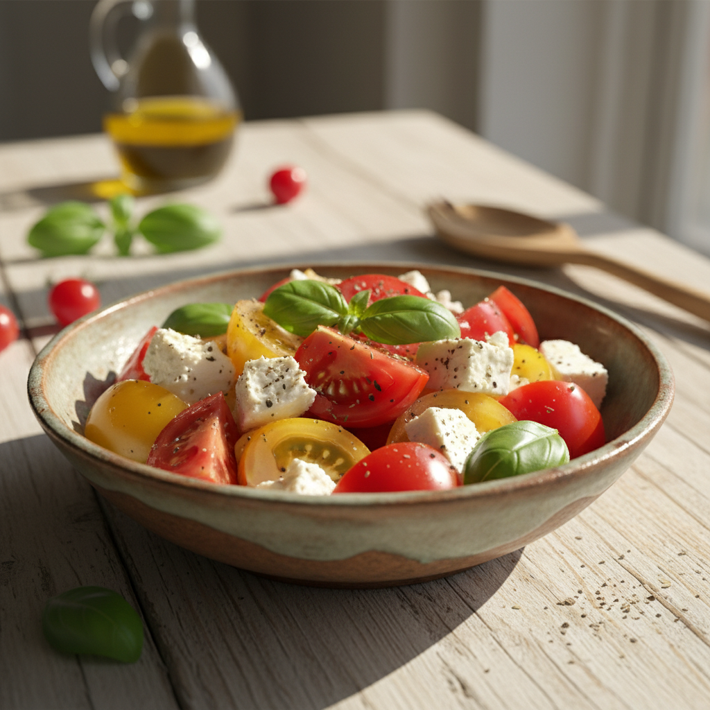 Suvine tomatisalat feta ja basiilikuga: lihtne retsept